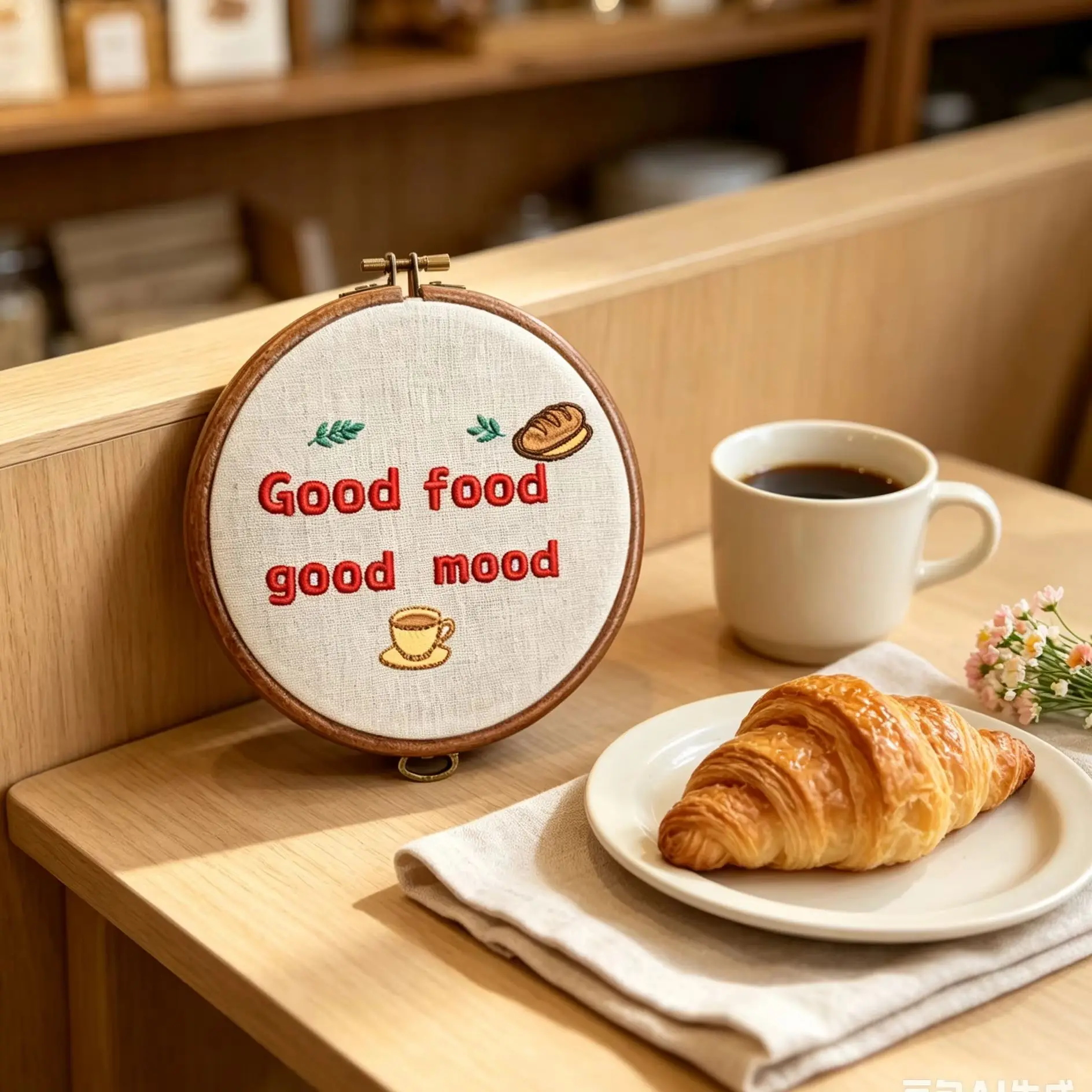 Good Food Good Mood Embroidery Hoop Wall Art, Kitchen Decor Bread & Coffee Linen Embroidery Frame Kitchen Wall Decor