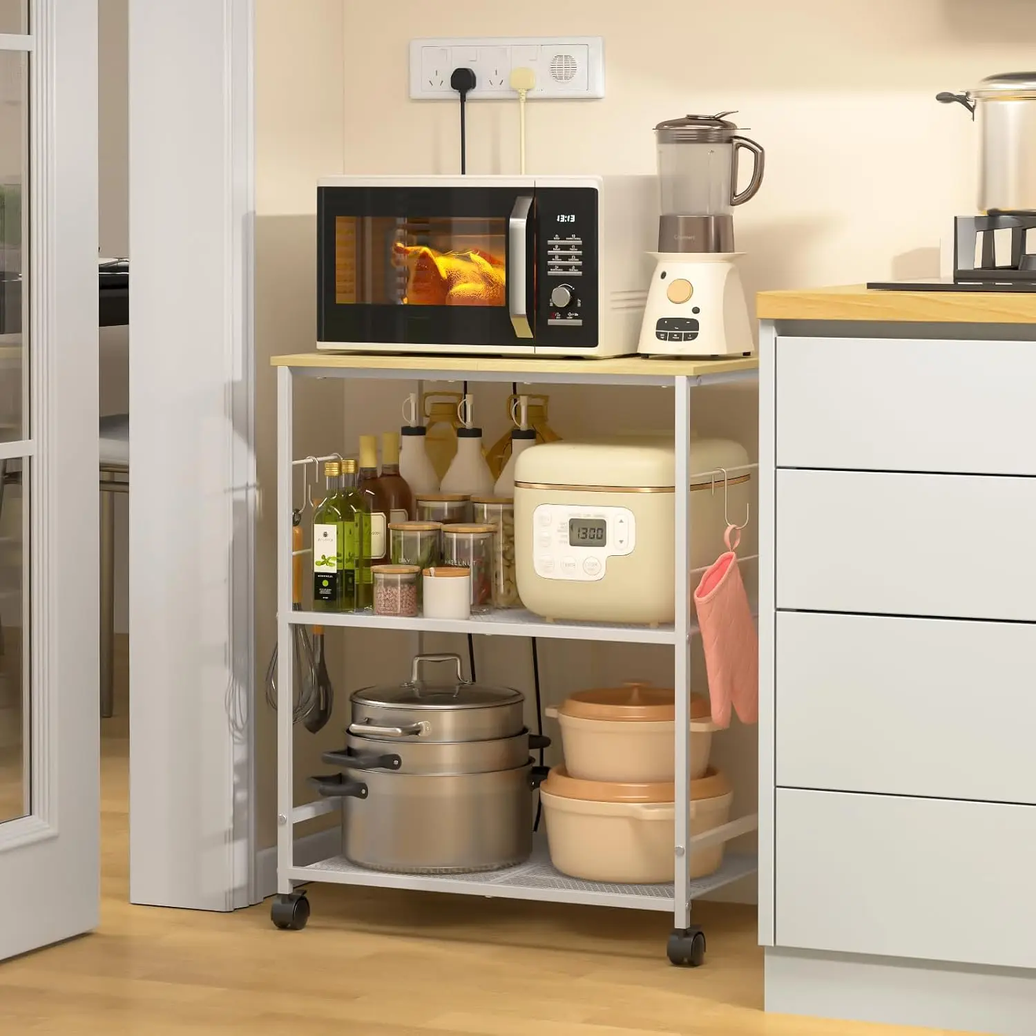 

Rolling Kitchen Microwave Cart, 3 Tier Microwave Table Stand with Storage, Kitchen Utility Cart