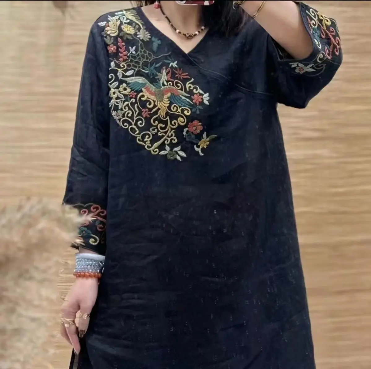 Embroidered Ethnic Style Cotton and Linen Dress Mid Length Summer New Style Artistic Retro Tops Nine Quarter Sleeve Skirt