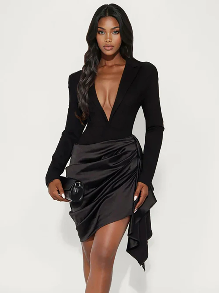 JULISSA MO Sukienka damska typu blezer z patchworkiem, głęboki dekolt w serek, długi rękaw, biała satyna, wysoki stan, zimowa, dopasowana, elegancka, na imprezę, do klubu