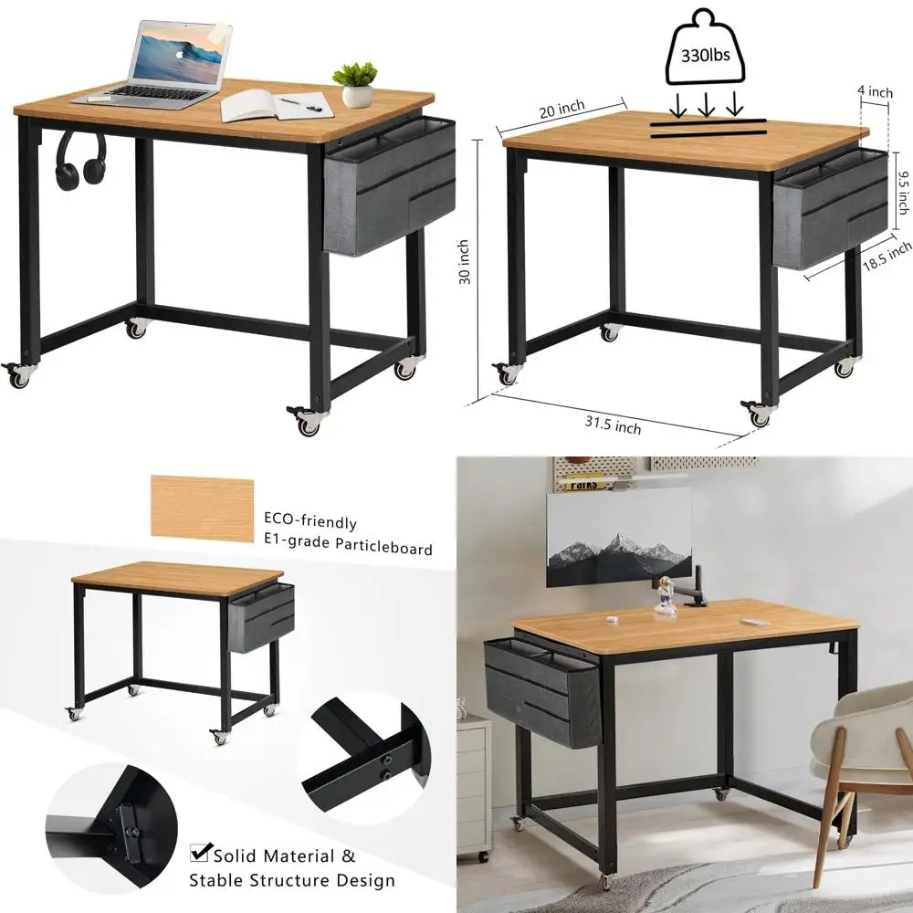 مكتب كمبيوتر متنقل من AHB مع 4 عجلات ناعمة، تصميم أنيق للمكتب المنزلي، طاولة الدراسة ومحطة العمل المحمولة