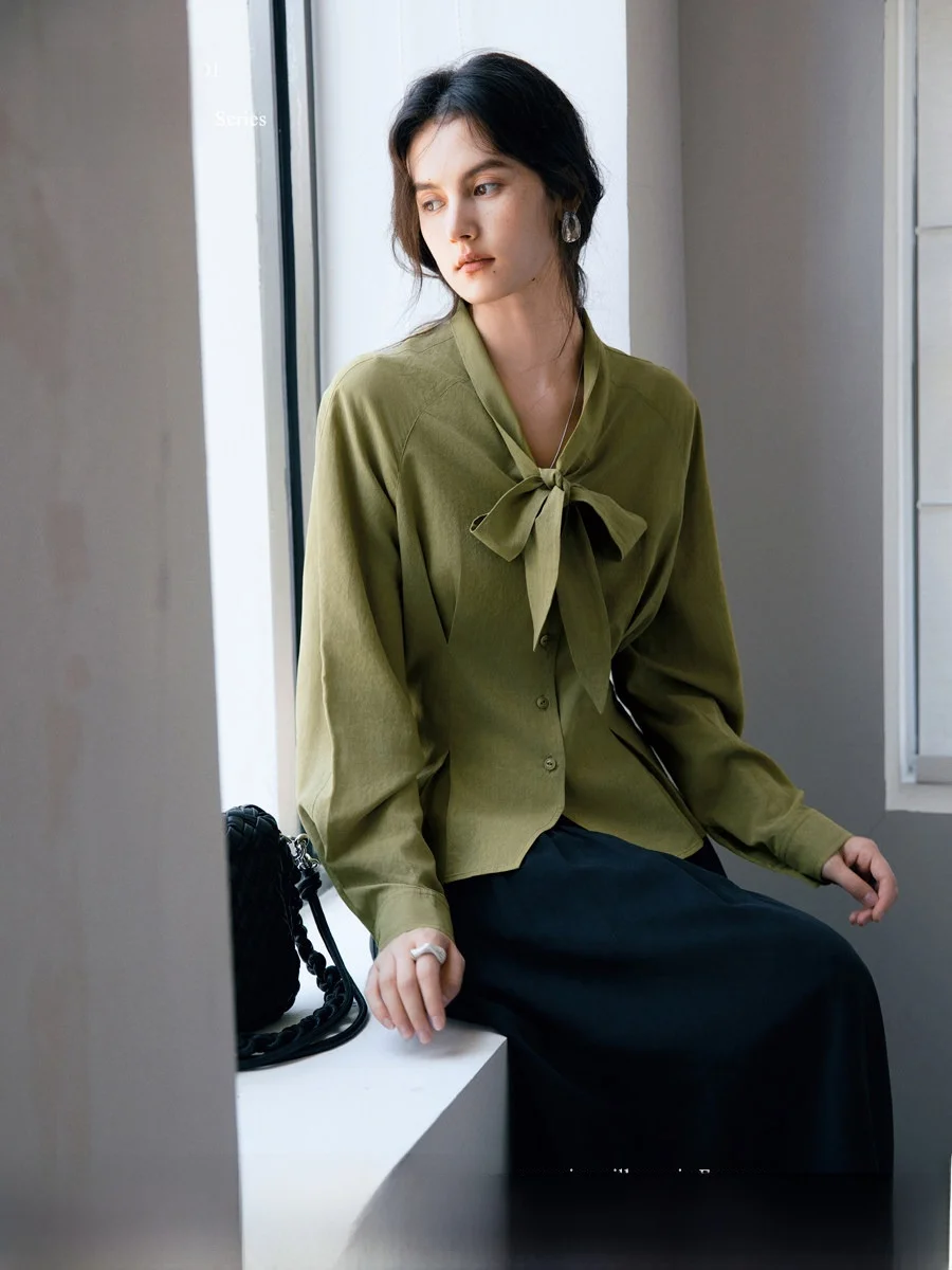 

Pure Silk Long Sve irt Vintage Woven Commute Design Sensation Women's Faion Breathable V-ne Button-up Regular Fit