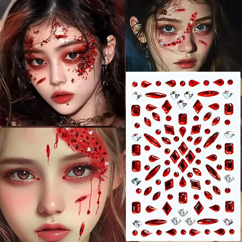 Halloween face stickers, diamond red and black COS broken diamond glitter stickers, terrifying imitation of real and fake plasma