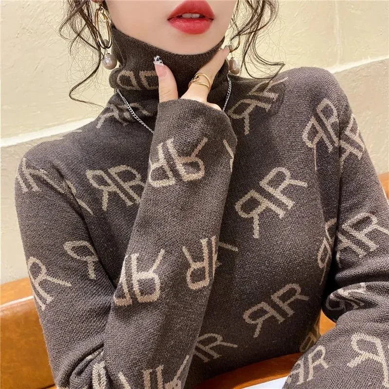 Vintage Letter Print Long Sleeve Turtleneck Soft New T-Shirt For Women Autumn Winter Korean Style Chic Basic Bottoming Tee Shirt