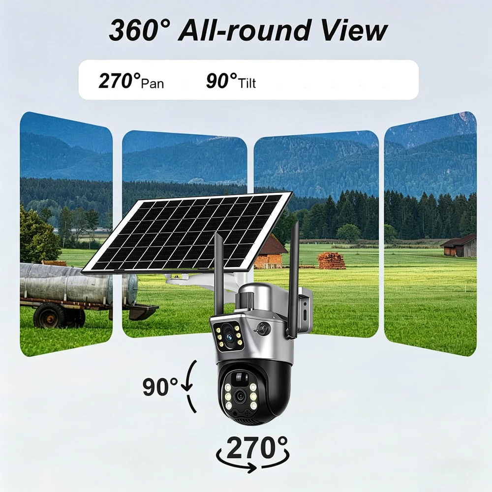 Caméra de sécurité solaire EseeCloud 8MP, sans fil, alimentée par batterie solaire, double objectif 4K, PTZ, détection humaine par IA, vision nocturne couleur, étanche IP66, pour surveillance de la maison et du jardin