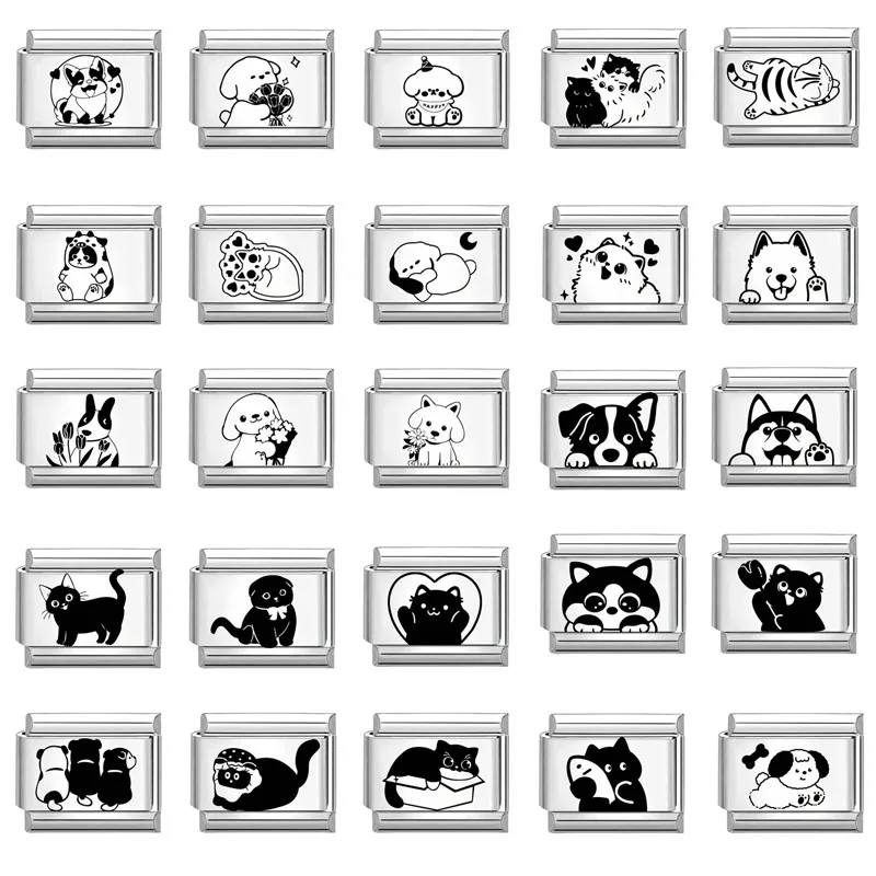 Grabado láser, dibujos animados negros, lindo gato, perro, DIY, abalorios italianos, eslabones aptos para pulsera de acero inoxidable de 9mm, joyería para mujer, regalos