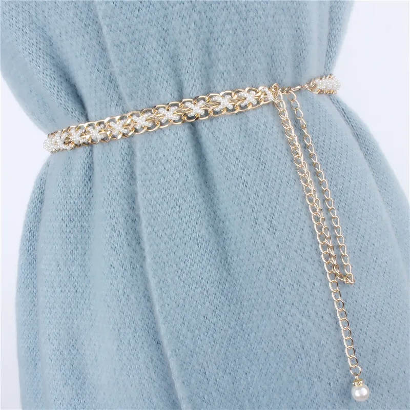 Luxury Designer braided Corset Belt Girdle Gold Metal Chain Belts for Women Pearl Waistband Dress Jeans Elegant Chain Straps