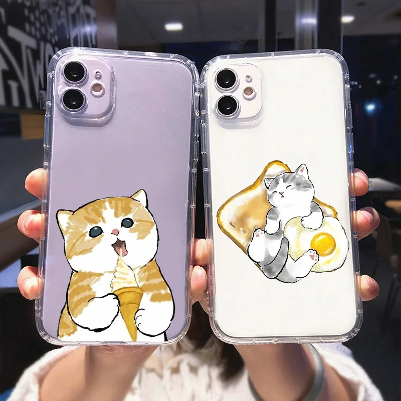 Cartoon Cat Phone Case for iPhone 14 13 12 11 Pro XS Max Mini 7 8 14 Plus X XR SE Shockproof Transparent Ice Cream Covers Fundas