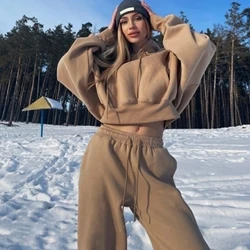 Women Solid Color Tracksuit Casual Warm Long Sleeve Sweatshirt Jogger Pants Two Piece Sets 2022 Winter Hoodies+Pants Sport Suits