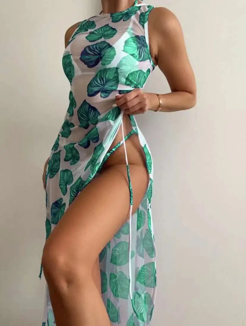 Bikini con Tanga y estampado de hojas para mujer, traje de baño Trikini femenino, 3 piezas, 2024