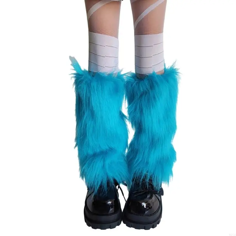 W0YA Plush Furry Leg Warmers for Women Winter Boot Toppers Thermal Warm Bright Blue Fuzzy Foot Covers Footless Socks Gaiters