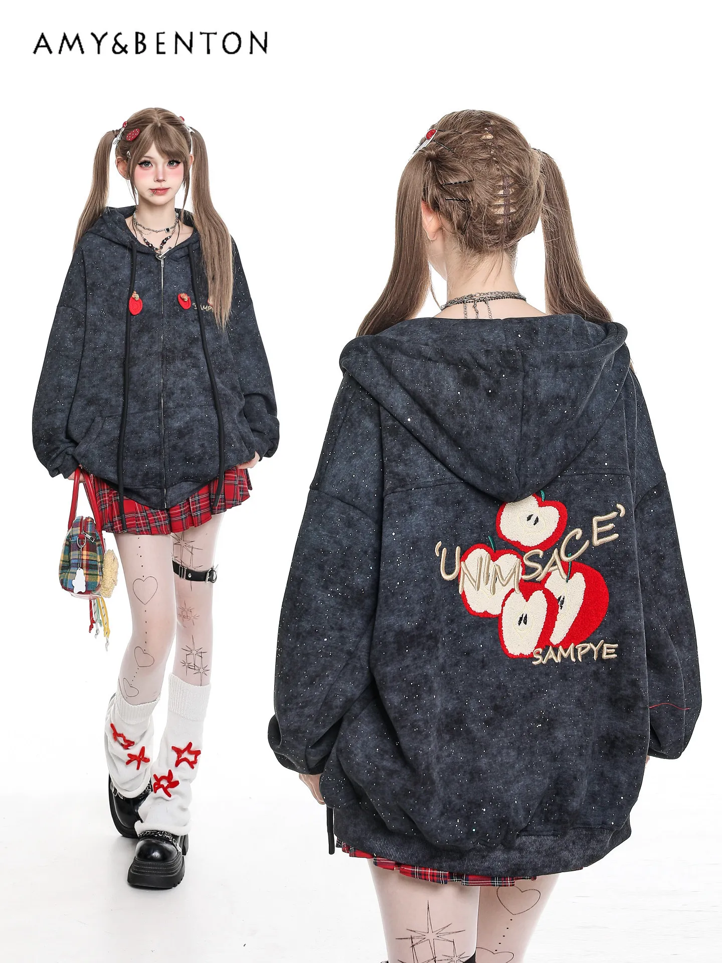 

Осенняя новинка: толстовка с капюшоном в американском стиле с вышивкой яблока, серая, с эффектом тай-дай; зимняя свободная повседневная черная хлопковая куртка в корейском стиле