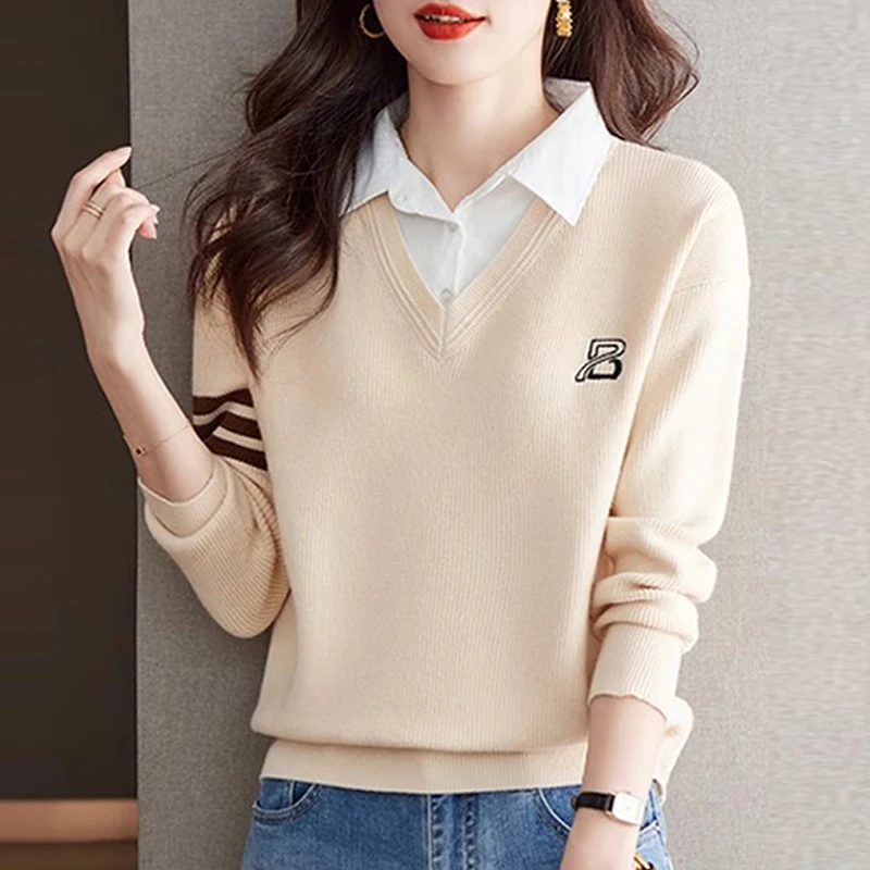 Autumn Winter Women Woolen Sweater Turndown Collar Patchwork Pullovers Knitted top Loose Fake Two piece Cashmere Sweater Shirt