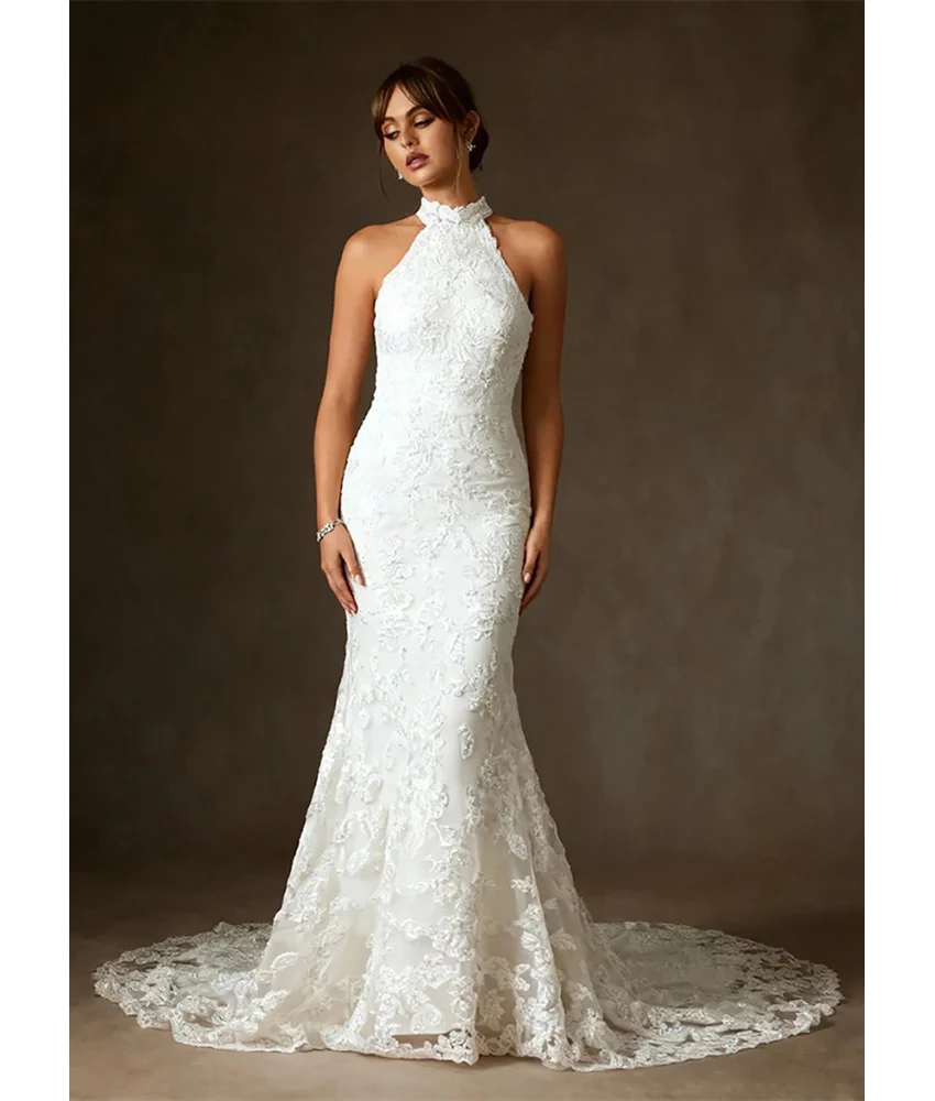 

MCDV Customized Graceful Lace Mermaid Sequined Evening Dress High Quality Halter Sleeveless Floor Length Women Wedding Gowns