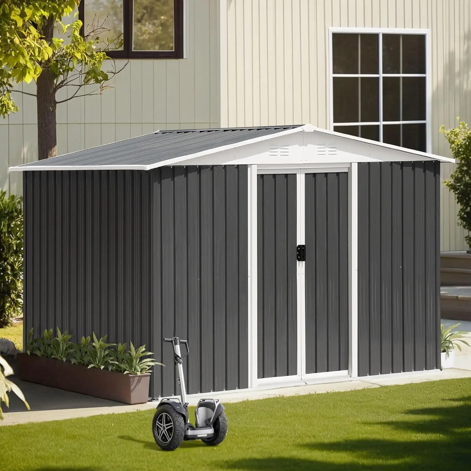 8X6 Ft Outdoor Storage Shed, Metal Tool Sheds With Lockable Sliding Door & Air Vent, Garden Shed For Backyard Garden Patio