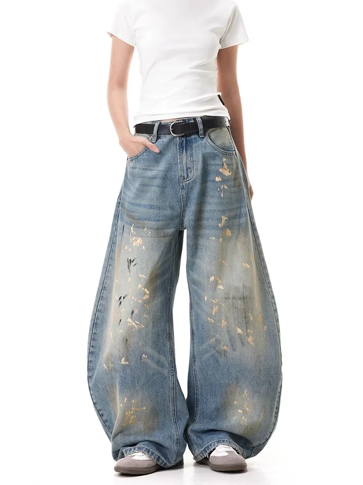 

Retro Distred Ink Design Wide Leg Loose Straight Casual Floor-Length Jeans Men Women American Sle Knife Denim