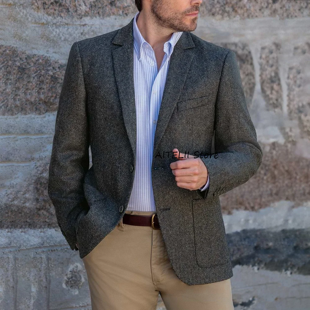 

Мужская куртка-пиджак в стиле кэжуал, однобортная, винтажная, из ткани «ёлочка», приталенная, для делового повседневного стиля