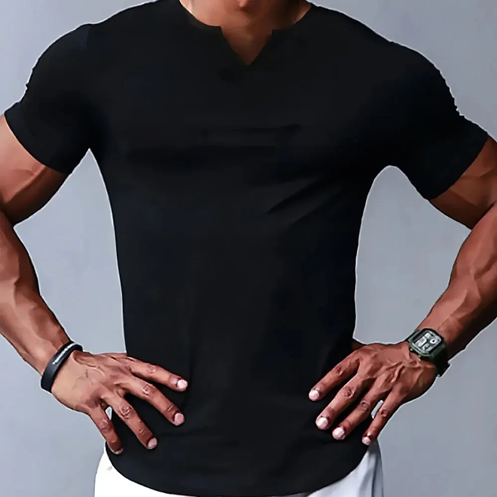 V Neck T Shirts Men Short Sleeve Casual Tee Shirts Mens Summer Lightweight Arc Hem Classic Solid Color Vneck Tshirts