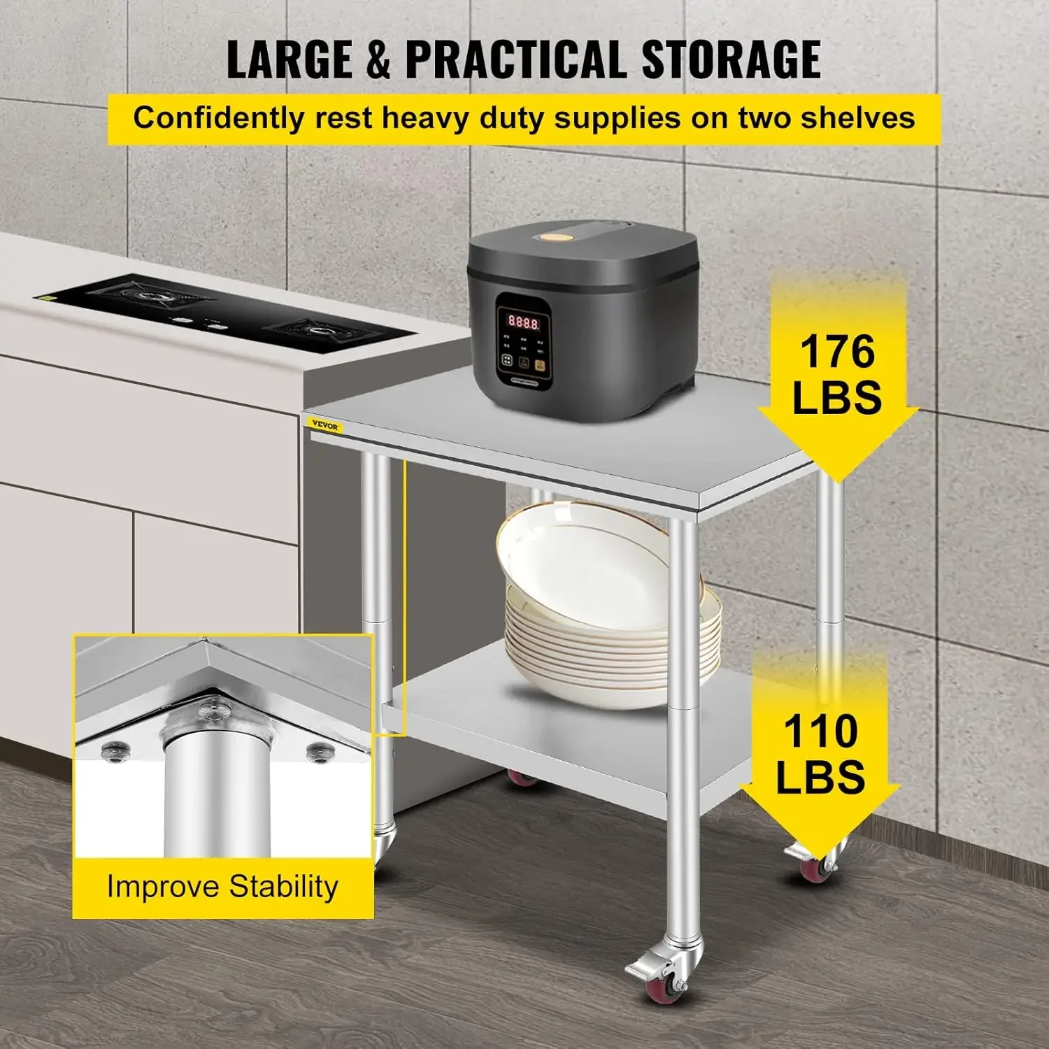 Stainless Steel Work Table with Wheels 24 x 30 x 32 Inch Prep Table with 4 Casters Heavy Duty Work Table for Commercial Kitchen