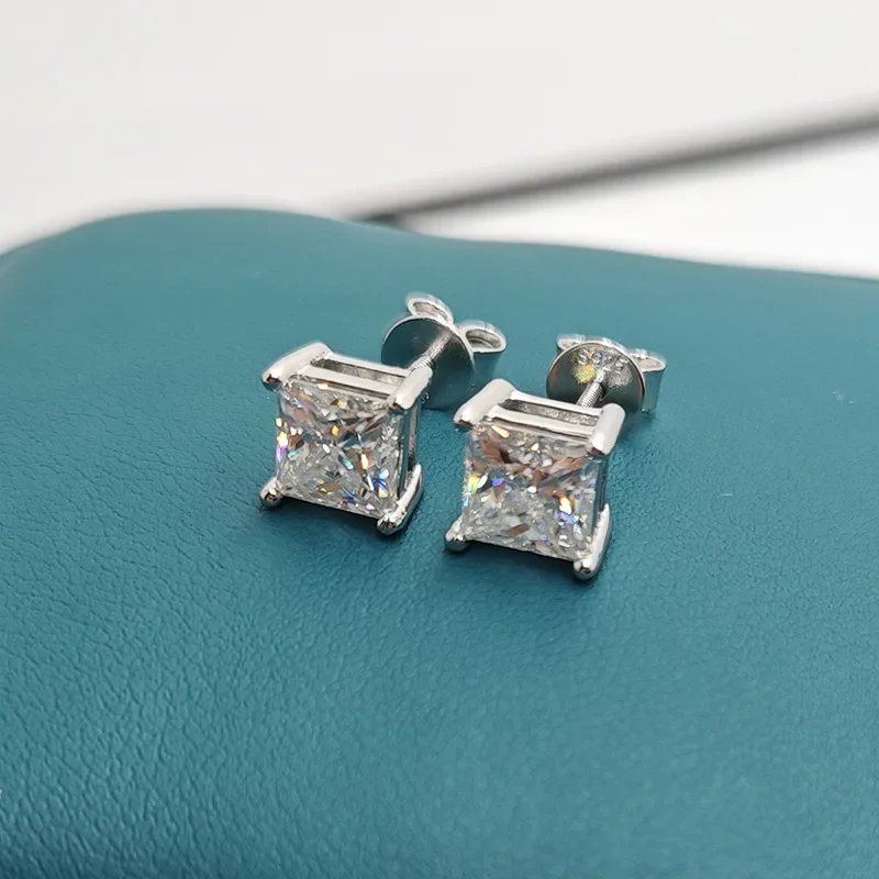Princess Cut1-2CT Moissanite Stud Earrings For Women Men VVS Simulated Diamond Ear Studs 925 Sterling Silver Jewelry