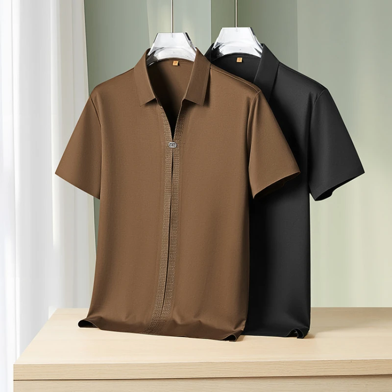 Men's 62% Cotton Polo Shirt | Breathable V-Neck with Rhinestone Accents | Moisture-Wicking Black/Brown Casual Tops XL-7XL