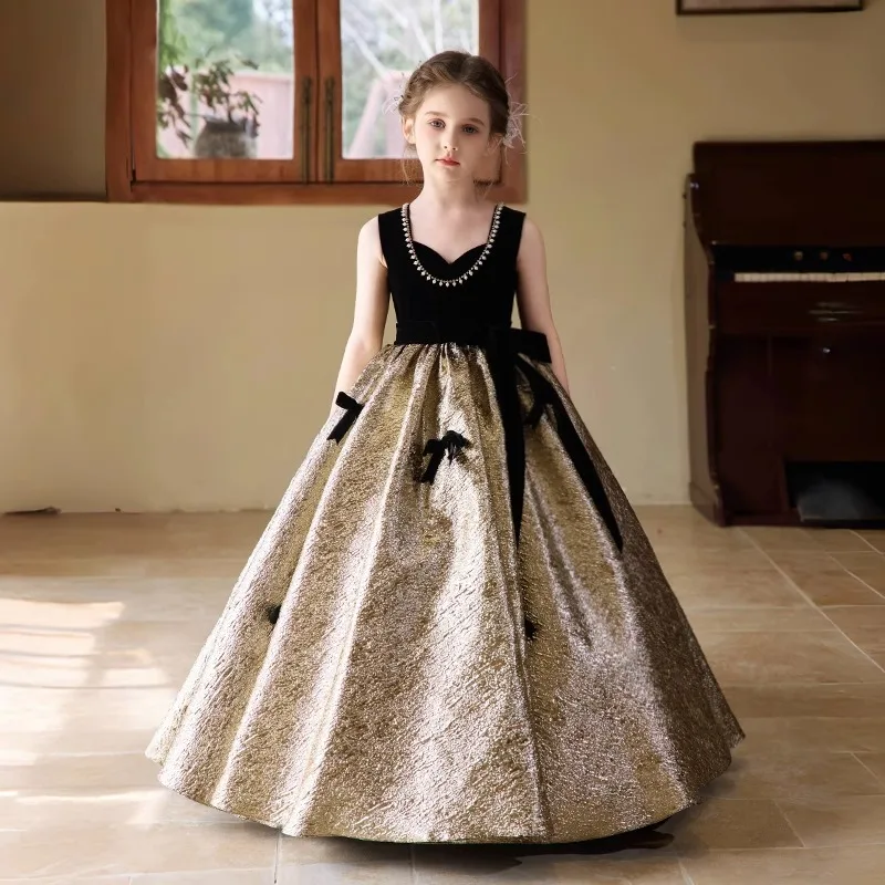 

High-End Girls Black Evening Gown Kids Host's Piano Performance Birthday Girls Party Dresses A4745 Vestidos Bridesmaid Dresses