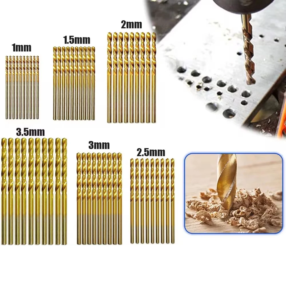 

Набор спиральных сверл, 50 шт., 1/1, 5/2/2, 5/3 мм, DIY искусственное сверление, Круглый хвостовик, титановые мини сверла для металла, дерева