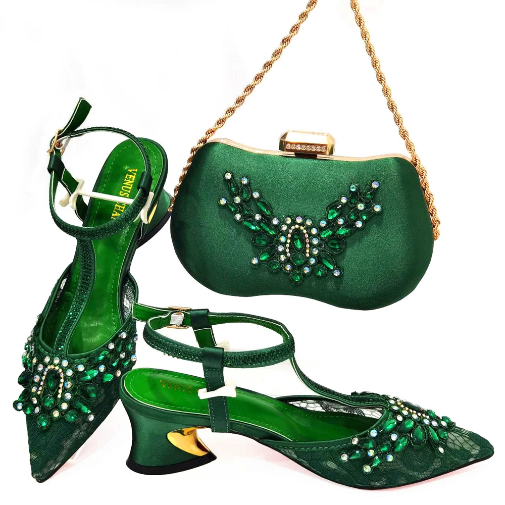 

Green Color Women's Wedding Bridal Shoes and Bags Set Evening Dress Rhinestone Party High Heel Ladies Fashion Shoes