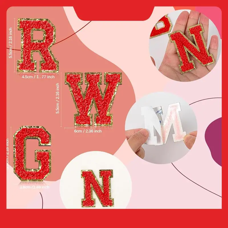 26 Piece Self Adhesive Chenille Letter Patches Varsity Letter Patches A-Z Glitter Iron On Alphabet Patches Red Easy To Use 5.5Cm