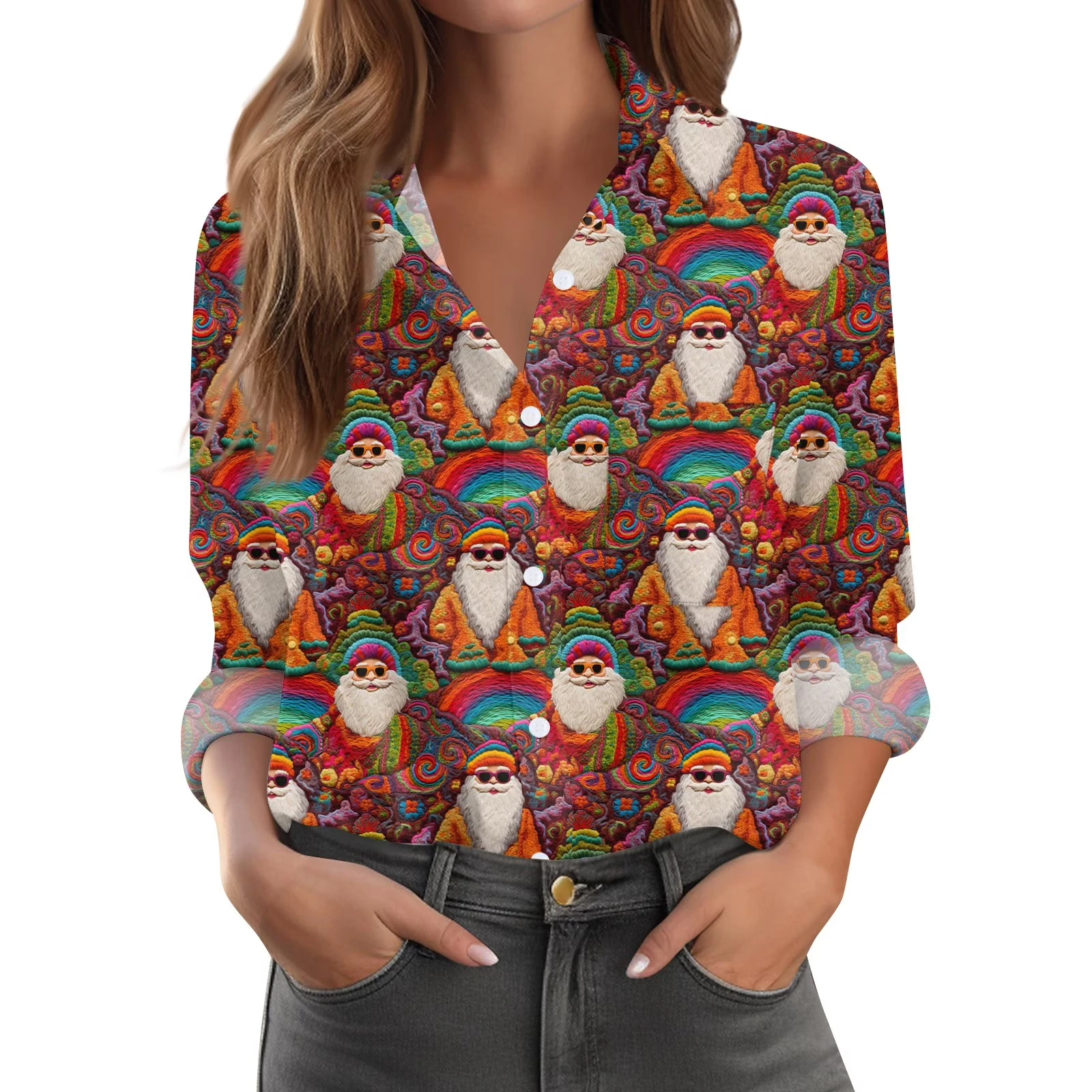 عيد الميلاد ندفة الثلج ثلج طباعة أزياء المرأة طويلة الأكمام قميص حزب طية صدر السترة زر القميص #1