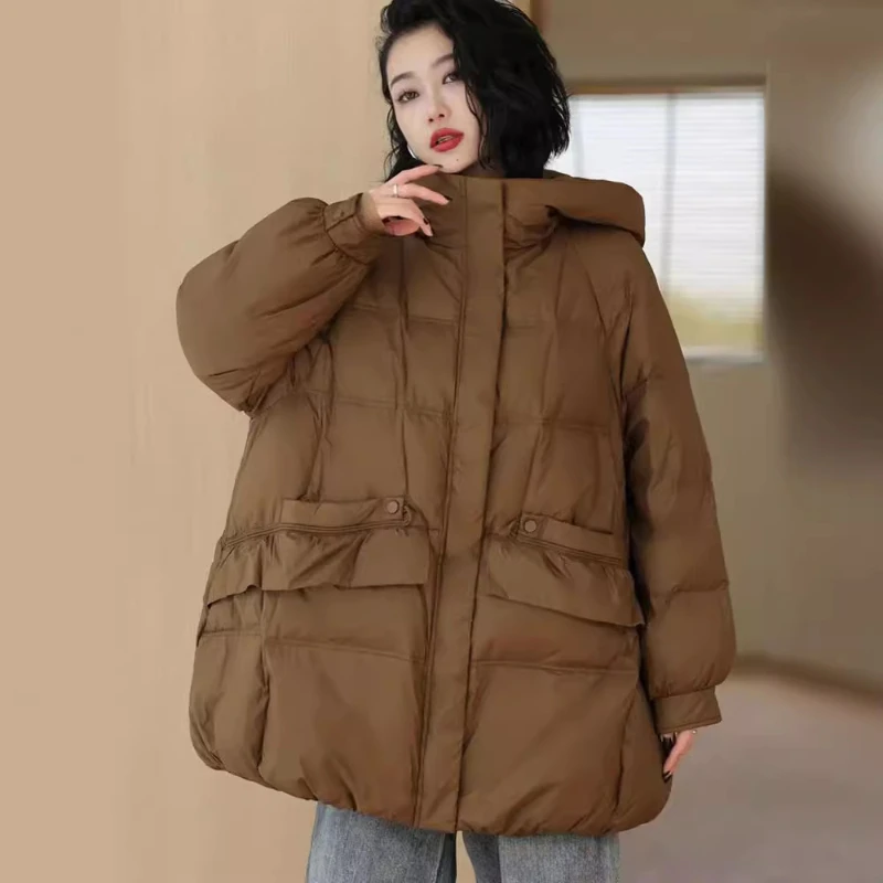 Hooded Duck Down Jacket for Women, Thickened Warm Jacket, Leisure Coat, Pocket Coat, Fashion, New, Winter, 2024