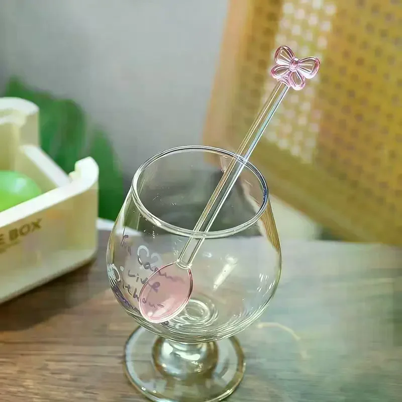 Pink Bow Glass Coffee Spoon, Long-Handled Dessert/milk Tea Stirring Heat-Resistant Teaspoon, Household Kitchen Tool