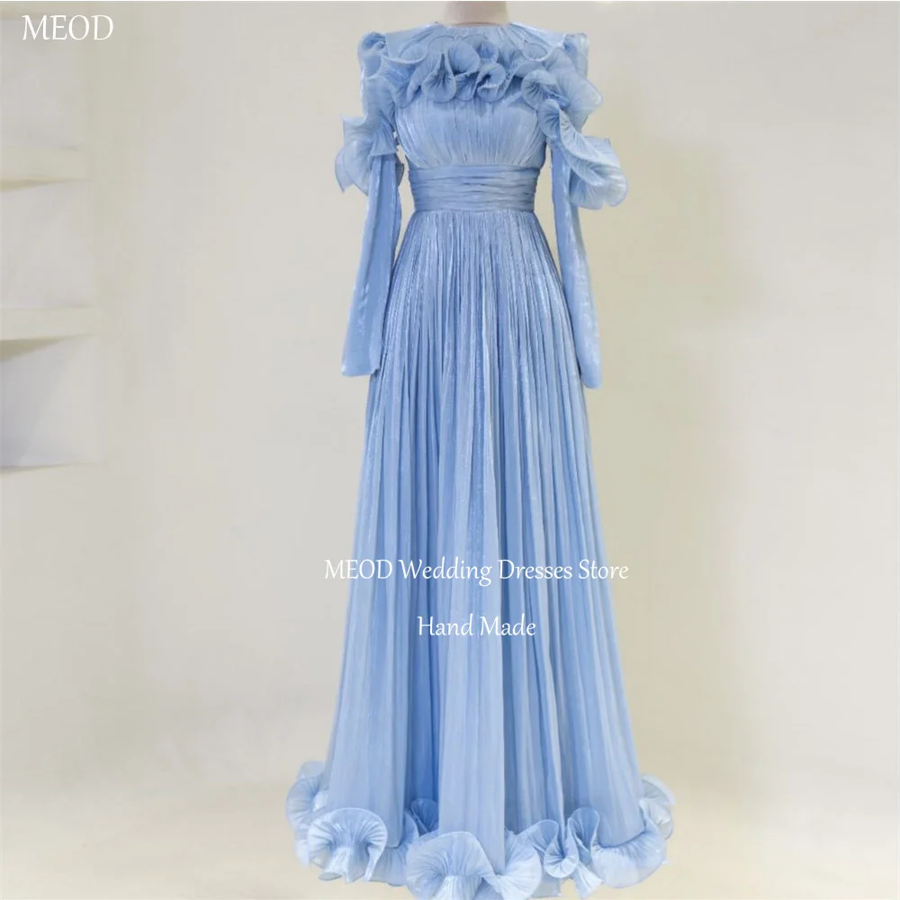 

MEOD Sky Blue Modern Evening Dresses A Line O Neck Vestidos De Fiesta Elegantes Flowers Pleat Floor Length Prom Gow Customized