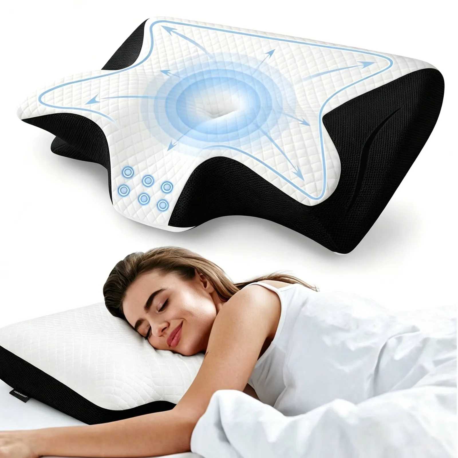 Oreiller cervical ergonomique 2-en-1 à mémoire de forme à rebond lent pour le soutien et le massage du cou