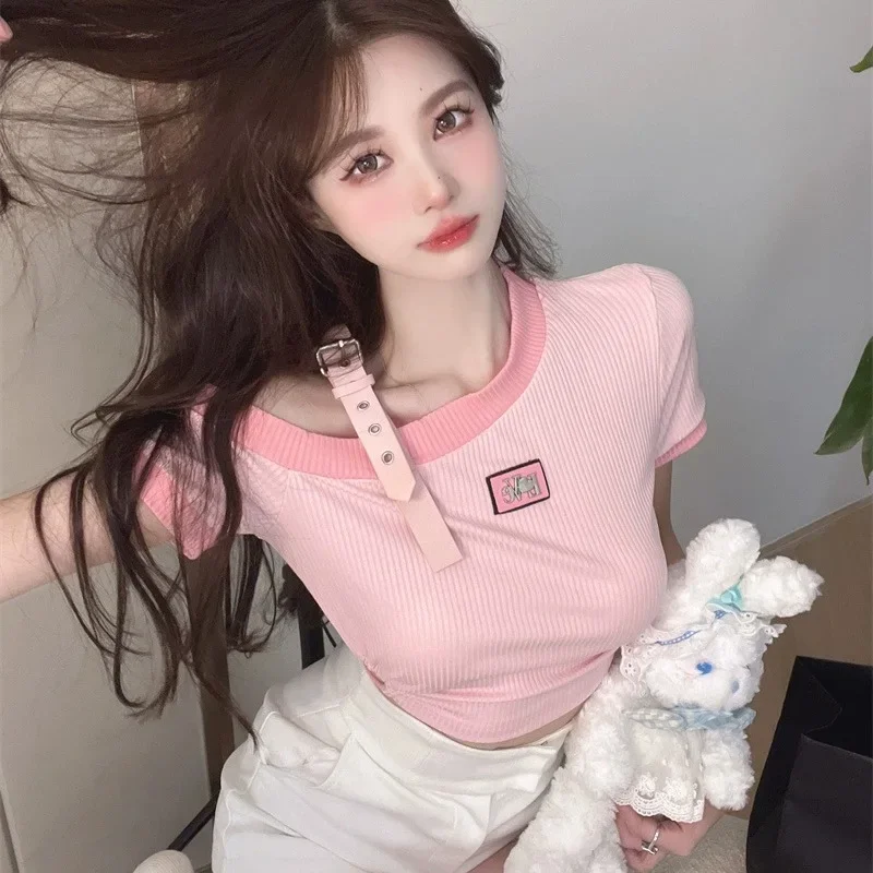 Women Off Shoulder Party Graphic Clothes Lady Designer Crop Short Sleeved T-shirts Female Sweet Spicy Style Pink Tie Up Tops