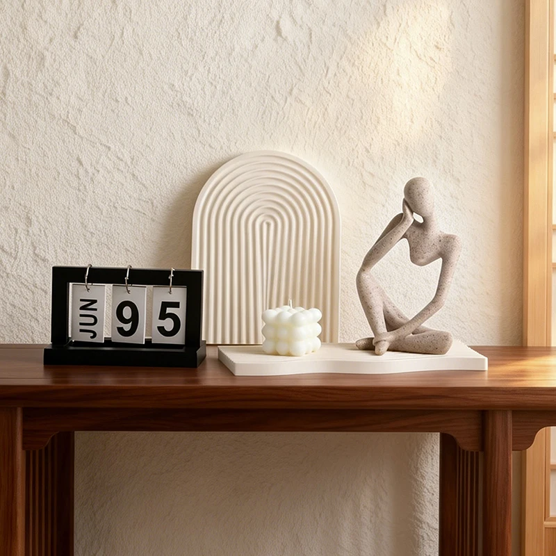 Set de Decoración Minimalista de Resina Abstracta: Estatua del Pensador, Calendario Perpetuo y Adorno de Onda para Sala de Estar, Estudio, Mesa, Hogar, Regalo
