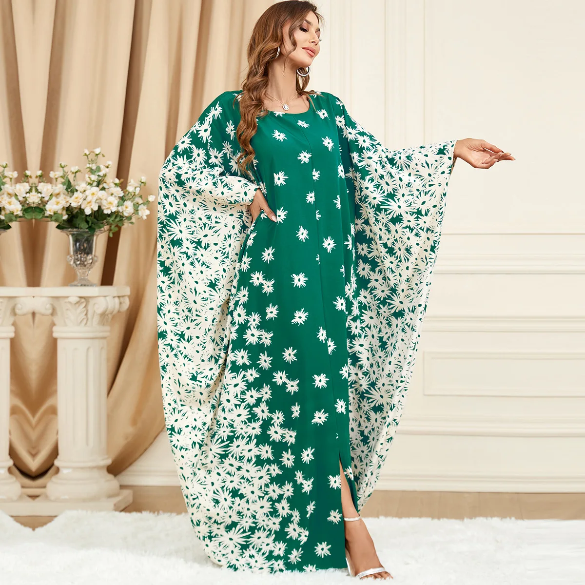 abaya femme musulman   Middle Eastern Muslim clothing green robe bat sleeve loose floral dress moroccan caftan for women 3421