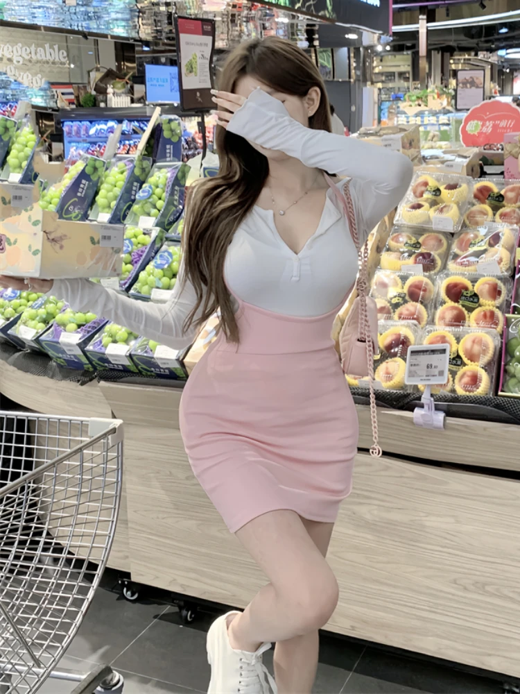 Winter Y2k Sweet New Two Piece Set Women Sexy White Top+solid Kawaii Strap Dress Female Casual Korean Fashion Japanese Suit 2024