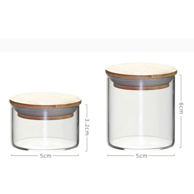 Diameter 5cm Mini Transparent Glass Tea Cans Flower Tea Coffee Beans Sealed Can Bamboo Wood Cover Home Travel Storage Bottle