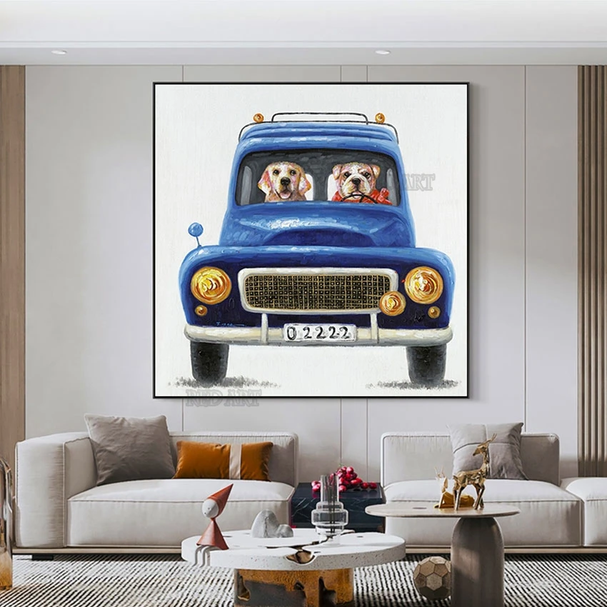 Cartoon Two Dog Driving Canvas Poster Art For Children Bedroom Decoration Handmade Animal Oil Painting Pet Dogs Picture Wall Art