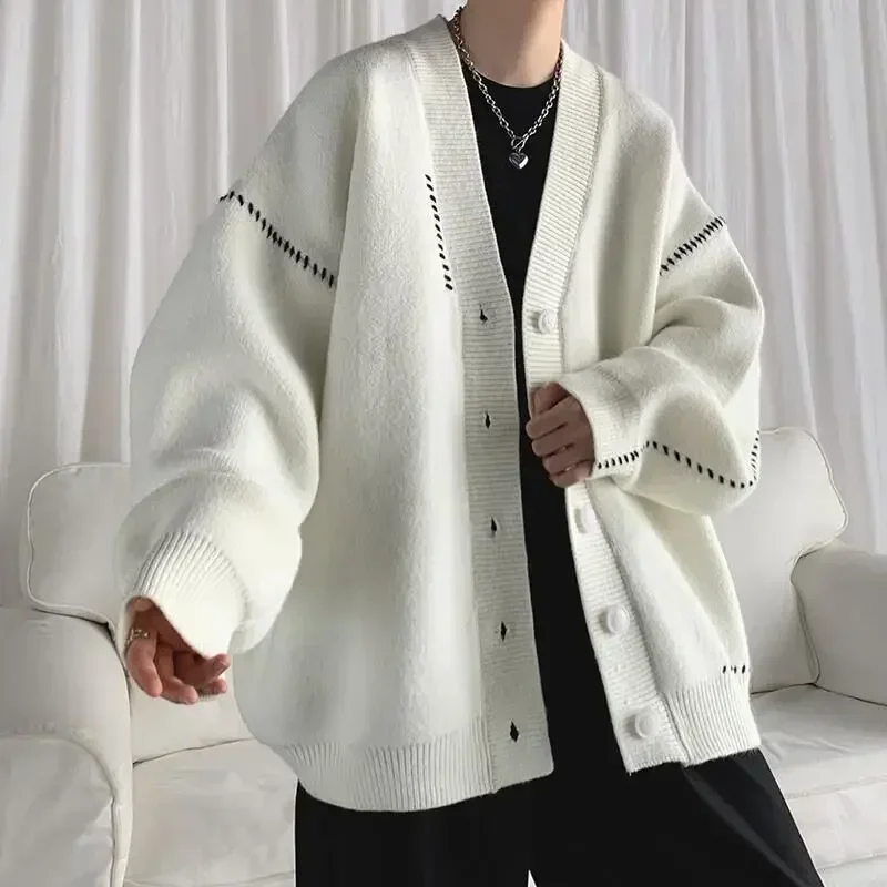 

Streetwear Man Sweater Coat White Knitted Sweaters for Men Japanese Retro Jacket Cardigan 90s Vintage Knitwears Korean Style