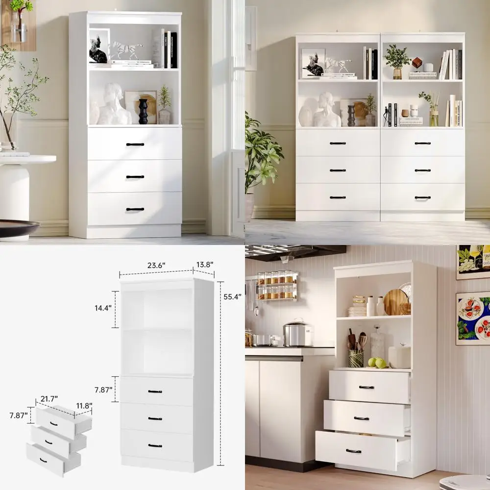 رف كتب أبيض مقاس 55.5 بوصة مكون من 5 طبقات مع 3 أدراج وأرفف مفتوحة من طبقتين وخزانة كتب طويلة للتخزين للمكتب المنزلي