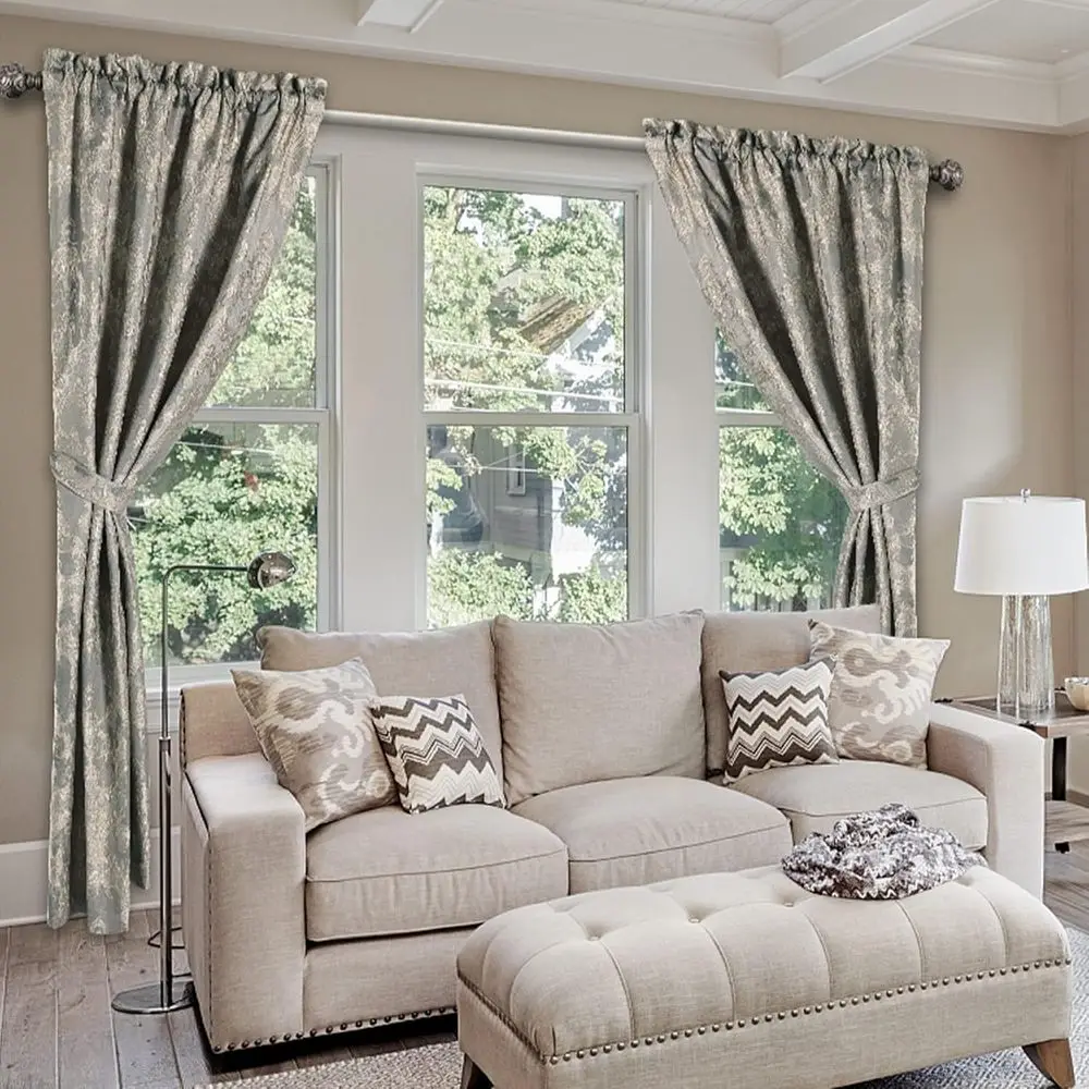 Eleganckie szare zaciemniające zasłony z damasku szenilowego z wiązaniami, z podszewką, do sypialni i salonu (2 panele, 132 x 213 cm)