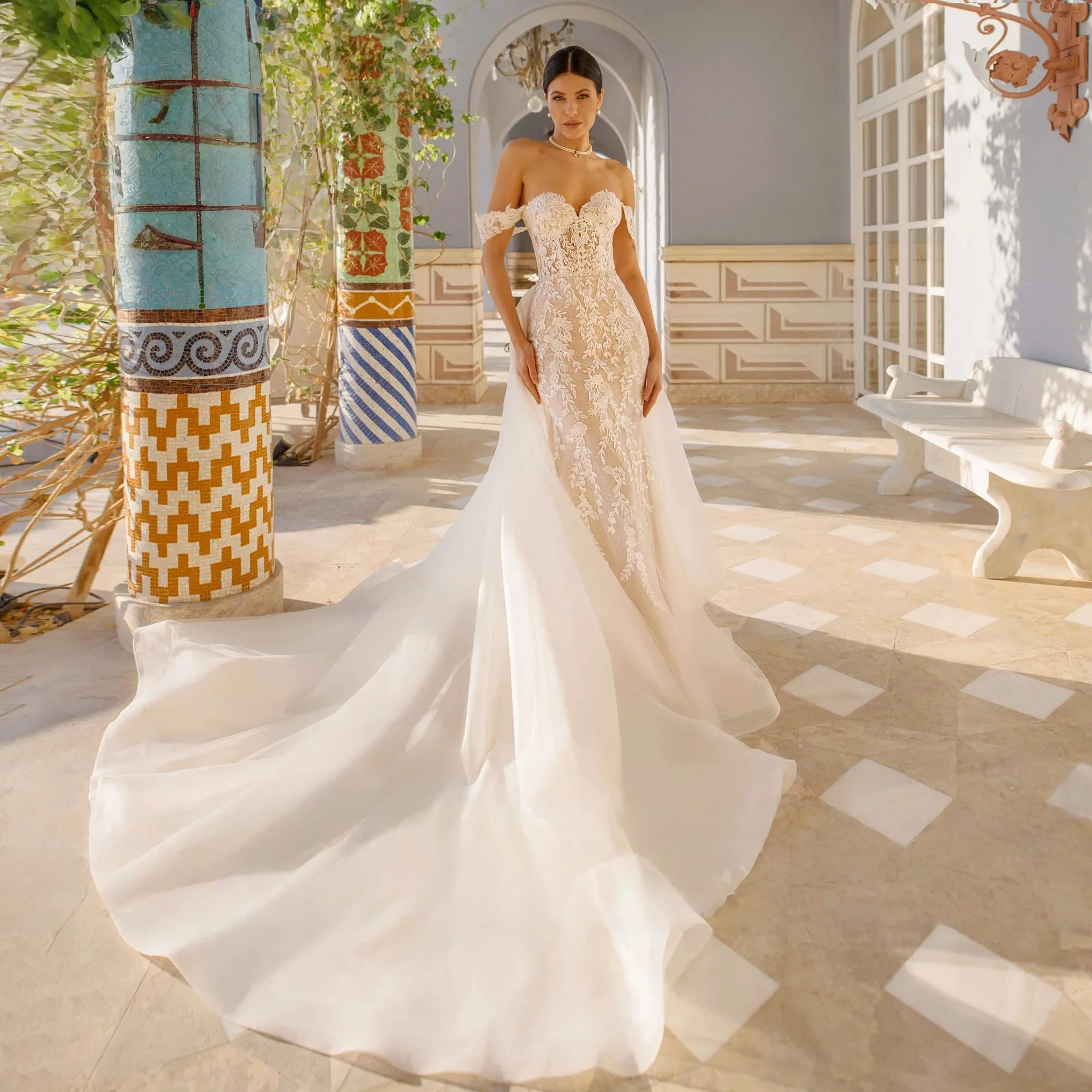 فساتين زفاف حورية البحر الرائعة المخصصة على شكل قلب بدون أكتاف فيستدو دي نوفيا ذيل قابل للانفصال مزين بثوب الزفاف