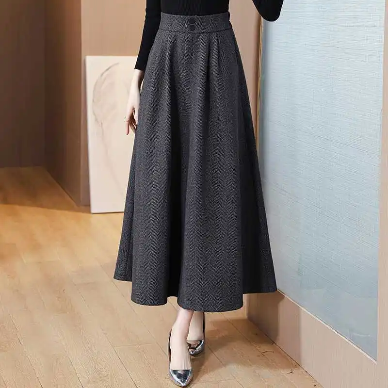 Winter Thicken Woollen Striped Vintage Maxi Skirt Korean Ladies High Waist Long A-Line Pleated Skirt