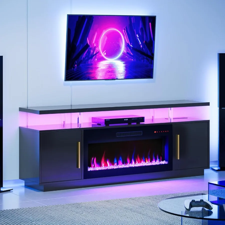 

70-inch TV Stand with Electric Fireplace Heater and LED Lighting for Living Room Entertainment Center Includes Storage Cabinet