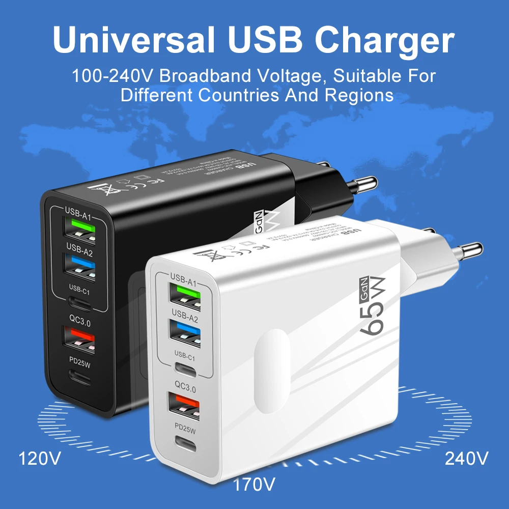 65W USB Charger 3USB 2PD Quick Charge 3.0 Fast Charger Type C For iPhone 14 13 Samsung Xiaomi Mobile Phone Wall Adapter Travel