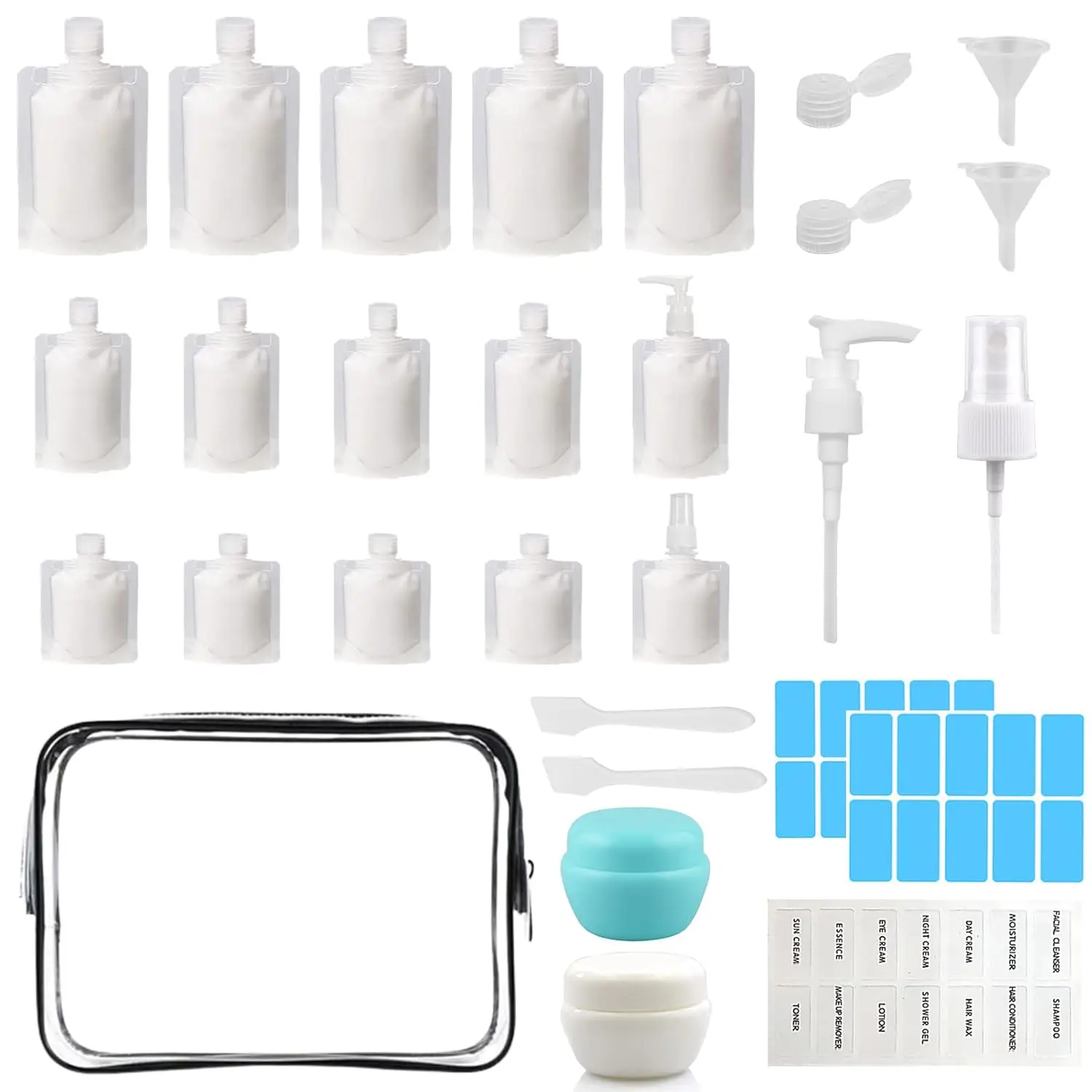 

29 PCS Travel Size Refillable Squeeze Pouches TSA Approved Leak Proof Toiletries Containers 30/50/100ml