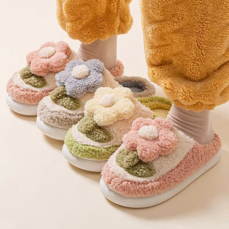 Winter Women's Lovely Flowers Thick Sole Plush Slippers Warm Indoor Fluffy Slippers Women's Footwear Men's Slippers House Slides