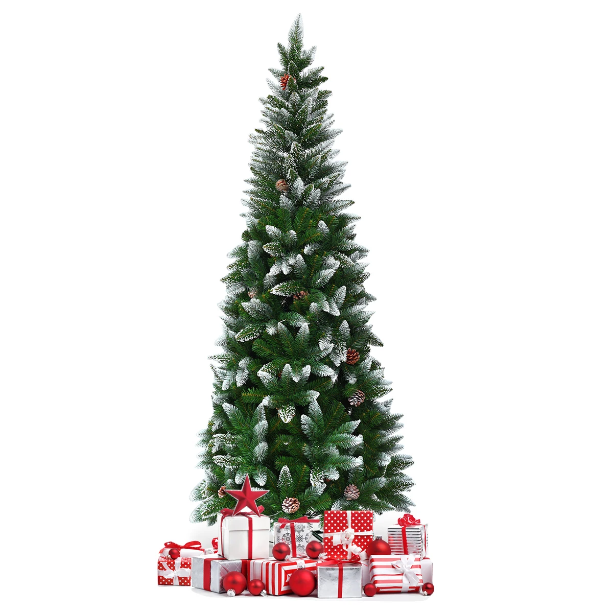 

7.5ft Snow Flocked Unlit Artificial Pencil Christmas Tree Home w/ Pine Cones